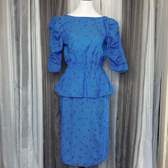 no brand Dresses & Skirts - Floral Blue Pinstripe Peplum Dress